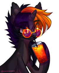 Size: 2400x3000 | Tagged: safe, artist:02vxmp, artist:minchyseok, artist:uwumakers, imported from derpibooru, oc, oc only, oc:hijinx, bat pony, bat pony unicorn, hybrid, pony, unicorn, drink, ear fluff, eyelashes, fangs, freckles, glasses, hooves, horn, nonbinary, pale belly, raised hoof, round glasses, simple background, slit pupils, smiling, solo, white background