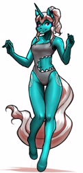 Size: 1452x3000 | Tagged: safe, artist:mykegreywolf, imported from derpibooru, oc, oc only, oc:seabreeze, anthro, unguligrade anthro, unicorn, abs, breasts, clothes, hips, knees pressed together, looking at you, one-piece swimsuit, ponytail, reasonably sized breasts, shark swimsuit, simple background, smiling, solo, swimsuit, thighs, white background