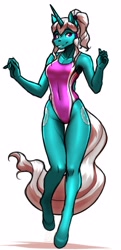 Size: 1452x3000 | Tagged: safe, alternate version, artist:mykegreywolf, imported from derpibooru, oc, oc only, oc:seabreeze, anthro, unguligrade anthro, unicorn, abs, breasts, clothes, hips, knees pressed together, looking at you, one-piece swimsuit, ponytail, reasonably sized breasts, simple background, smiling, solo, swimsuit, thighs, white background