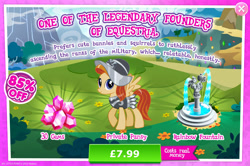 Size: 1956x1298 | Tagged: safe, imported from derpibooru, private pansy, pegasus, pony, advertisement, armor, bush, castles of equestria, costs real money, english, female, fountain, gameloft, gem, helmet, mare, mountain, mountain range, my little pony: magic princess, numbers, official, sale, show accurate, solo, solo focus, spread wings, text, wings