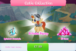 Size: 1263x856 | Tagged: safe, imported from derpibooru, private pansy, pegasus, pony, armor, bundle, bush, castles of equestria, costs real money, english, female, fountain, gameloft, gem, helmet, mare, mountain, mountain range, my little pony: magic princess, numbers, official, sale, show accurate, solo, solo focus, spread wings, text, wings