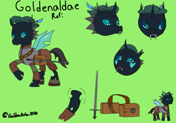 Size: 1177x825 | Tagged: safe, artist:goldenoshy1250, imported from derpibooru, oc, oc:goldenaldae, changeling, adventurer, bag, changeling horn, changeling wings, chibi, clothes, crying, facial expressions, feather, green background, hat, horn, medieval, reference sheet, saddle bag, simple background, smiling, solo, sword, uniform, weapon, wings