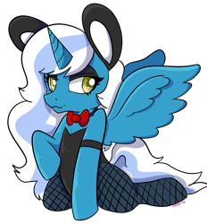 Size: 2785x3001 | Tagged: safe, artist:lolkitz, imported from derpibooru, oc, oc only, oc:fleurbelle, alicorn, pony, alicorn oc, armband, bowtie, bunny ears, bunny suit, clothes, costume, eyeshadow, female, fishnets, horn, kneeling, looking offscreen, makeup, mare, playboy bunny, simple background, solo, tail, transparent background, wings