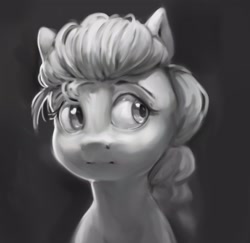 Size: 2916x2829 | Tagged: safe, artist:inkhooves, imported from derpibooru, sunny starscout, earth pony, pony, braid, braided ponytail, bust, female, g5, grayscale, mare, monochrome, ponytail, solo