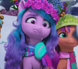 Size: 320x281 | Tagged: safe, imported from derpibooru, screencap, izzy moonbow, sunny starscout, earth pony, pony, unicorn, spoiler:g5, spoiler:winter wishday, alphabittle blossomforth, animated, clothes, cropped, female, floral head wreath, flower, g5, gif, hat, male, mare, my little pony: make your mark, my little pony: make your mark chapter 3, scarf, snow, snowfall, winter hat, winter wishday