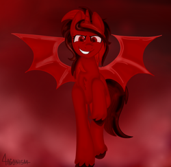 Size: 2016x1960 | Tagged: safe, artist:4agonism, imported from derpibooru, oc, oc:ravanna, alicorn, bat pony, fanfic:the invasion, cloud, evil, evil grin, female, flying, grin, looking at you, mare, raised hoof, red and black oc, red eyes, red sky, smiling, solo, spread wings, unshorn fetlocks, wings