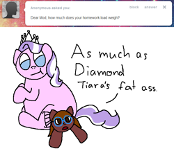Size: 704x614 | Tagged: safe, artist:ask-emo-and-vampire-dash, imported from derpibooru, diamond tiara, earth pony, pony, ask chubby diamond, chubby diamond, duo, fat, female, filly, foal, sitting on person, vulgar