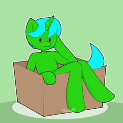 Size: 2000x2000 | Tagged: safe, artist:mango418, imported from derpibooru, oc, oc:green byte, pony, semi-anthro, unicorn, box, commission, pony in a box, simple background, solo, ych result