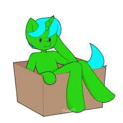 Size: 2000x2000 | Tagged: safe, alternate version, artist:mango418, imported from derpibooru, oc, oc:green byte, pony, semi-anthro, unicorn, box, commission, pony in a box, simple background, solo, transparent background, ych result