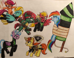 Size: 1003x796 | Tagged: safe, artist:bozzerkazooers, imported from derpibooru, lightning dust, rainbow dash, rolling thunder, scootaloo, short fuse, pegasus, pony, april o'neil, fight, fireworks, fuse, gritted teeth, raphael, rocket, rope, teenage mutant ninja turtles, teeth, the washouts, tied up, traditional art