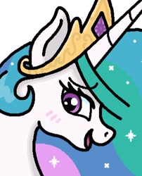 Size: 340x420 | Tagged: safe, artist:souponmars, imported from derpibooru, princess celestia, alicorn, pony, blushing, bust, looking at you, looking back, looking back at you, open mouth, open smile, preview, simple background, smiling, smiling at you, solo, white background