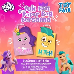 Size: 720x720 | Tagged: safe, imported from derpibooru, hitch trailblazer, pipp petals, earth pony, pegasus, pony, bag, female, g5, hasbro, hasbro logo, indonesia, indonesian, logo, male, mare, my little pony: tell your tale, official, stallion