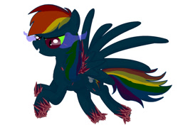 Size: 1024x792 | Tagged: safe, artist:the-sparkly-pony, imported from derpibooru, rainbow dash, pegasus, pony, couteau, crystal, dark crystal, dark magic, darkened coat, darkened hair, magic, pauldrant, red crystal, rerebrant, simple background, solo, sombra eyes, vambrant, white background