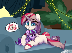 Size: 2918x2160 | Tagged: safe, artist:batavern, imported from derpibooru, starlight glimmer, oc, oc:dashka bun, pony, unicorn, blue eyes, bracelet, couch, cute, female, hooves, horn, hug, jewelry, lying down, mare, plushie, smiling, smug, solo