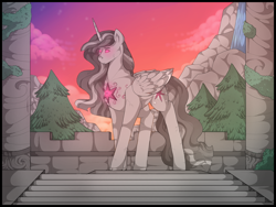 Size: 1280x960 | Tagged: safe, artist:binibean, imported from derpibooru, twilight sparkle, alicorn, pony, element of magic, female, glowing, glowing eyes, mare, solo, statue, sunset, twilight sparkle (alicorn)