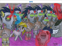 Size: 2011x1504 | Tagged: safe, artist:vovi, imported from derpibooru, king sombra, oc, oc:bloo crystal, oc:sunny crystal, crystal pony, alternate timeline, armor, colt, crying, crystal empire, crystal war timeline, female, filly, foal, frightened, helmet, magic, male, mare, mind control, sad, slave, soldiers, sombra soldier, stallion, telekinesis, the crystal empire 10th anniversary, traditional art