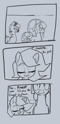 Size: 595x1227 | Tagged: safe, artist:storyteller, imported from derpibooru, oc, oc only, oc:iin, oc:omelette, oc:rowdy spout, earth pony, pegasus, pony, zebra, comic, dialogue, embarrassed, eyes closed, female, gray background, grayscale, male, mare, monochrome, one eye closed, simple background, stallion, trio, zebra oc