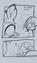 Size: 707x1197 | Tagged: safe, artist:storyteller, imported from derpibooru, oc, oc:iin, oc:omelette, oc:rowdy spout, earth pony, pegasus, pony, zebra, blushing, comic, dialogue, embarrassed, female, grayscale, looking away, male, mare, monochrome, music notes, stallion, trio