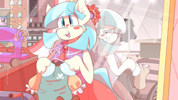 Size: 3840x2160 | Tagged: safe, artist:burgivore, imported from derpibooru, coco pommel, earth pony, semi-anthro, arm hooves, clothes, crying, dress, duality, looking back, mirror, open mouth, open smile, reflection, sad, sewing machine, smiling, teary eyes