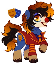 Size: 1044x1204 | Tagged: safe, artist:ghastlyexists, imported from derpibooru, oc, oc only, oc:comedy, earth pony, pony, fallout equestria, ashes town, chest fluff, clothes, clown, clown makeup, clown nose, ear piercing, long tail, necktie, piercing, raised hoof, red nose, short mane, show accurate, simple background, solo, standing, suit, tail, transparent background, watermark