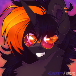 Size: 730x730 | Tagged: safe, artist:ghastlyexists, imported from derpibooru, oc, oc only, oc:hijinx, bat pony, bat pony unicorn, hybrid, pony, unicorn, blaze (coat marking), bust, chest fluff, coat markings, ear fluff, ear piercing, eyelashes, facial markings, fangs, freckles, glasses, horn, icon, looking at you, nonbinary, piercing, shading, shiny, simple background, slit pupils, smiling, solo, sunset, watermark