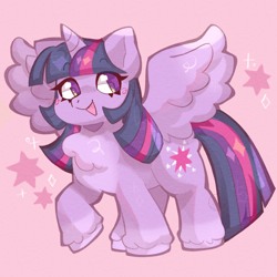 Size: 2000x2000 | Tagged: safe, artist:lumiville, imported from derpibooru, twilight sparkle, alicorn, pony, chest fluff, cute, female, high res, looking at you, mare, open mouth, open smile, pink background, raised hoof, simple background, smiling, smiling at you, solo, spread wings, stars, twiabetes, twilight sparkle (alicorn), wings
