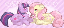 Size: 3600x1605 | Tagged: safe, artist:lumiville, imported from derpibooru, fluttershy, twilight sparkle, alicorn, pegasus, pony, blushing, cheek fluff, chest fluff, cute, eyes closed, female, heart, lesbian, lying down, open mouth, open smile, prone, shipping, shyabetes, smiling, twiabetes, twilight sparkle (alicorn), twishy