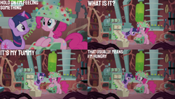 Size: 4400x2475 | Tagged: safe, edit, edited screencap, editor:quoterific, imported from derpibooru, screencap, pinkie pie, twilight sparkle, earth pony, pony, unicorn, feeling pinkie keen, golden oaks library, helmet, stomach growl, stomach noise, unicorn twilight