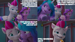 Size: 4400x2475 | Tagged: safe, edit, edited screencap, editor:quoterific, imported from derpibooru, screencap, izzy moonbow, pipp petals, zipp storm, pegasus, pony, unicorn, spoiler:my little pony: make your mark chapter 2, spoiler:myms01e07, bracelet, crazy face, derp, detective zipp, diadem, faic, female, friendship bracelet, frown, g5, grin, headband, hoof done it?, hoof heart, implied twilight sparkle, insanity, jewelry, mare, my little pony: make your mark, my little pony: make your mark chapter 2, open mouth, open smile, regalia, royal sisters (g5), siblings, sisters, smiling, smirk, spooky, spoopy, trio, trio female, uncomfortable, underhoof, unshorn fetlocks, upside-down hoof heart