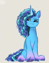 Size: 1074x1368 | Tagged: safe, artist:petaltwinkle, imported from derpibooru, pony, unicorn, confident, female, g5, looking away, mare, misty brightdawn, simple background, sitting, smiling, smirk, solo, unshorn fetlocks