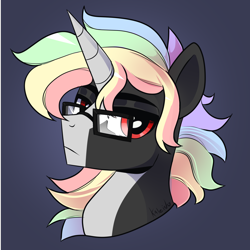 Size: 1730x1730 | Tagged: safe, artist:kaleido, imported from derpibooru, oc, oc only, oc:kaleido, pony, unicorn, blaze (coat marking), bust, coat markings, facial markings, glasses, lidded eyes, looking at you, male, multicolored hair, rainbow hair, red eyes, show accurate, simple background, solo, stallion