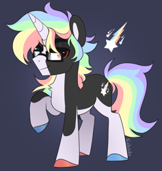 Size: 1282x1352 | Tagged: safe, artist:kaleido, imported from derpibooru, oc, oc only, oc:kaleido, pony, unicorn, glasses, heterochromia, lidded eyes, long mane, long tail, looking at you, male, messy mane, multicolored hair, rainbow hair, simple background, solo, stallion, standing, tail, unshorn fetlocks, watermark