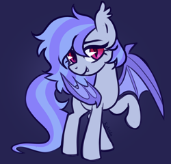 Size: 1120x1074 | Tagged: safe, artist:kaleido, imported from derpibooru, oc, oc only, oc:luminous hymn, bat pony, pony, bat wings, fangs, female, long tail, looking at you, mare, raised hoof, short mane, simple background, smiling, solo, standing, tail, wings