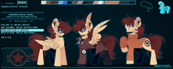 Size: 3921x1566 | Tagged: safe, artist:ghastlyexists, imported from derpibooru, oc, oc only, oc:rukh, pegasus, pony, fallout equestria, boots, clothes, coat, complex background, cutie mark, ear fluff, enclave, glasses, grin, jewelry, lidded eyes, looking at you, male, necklace, raised hoof, reference sheet, shoes, smiling, smiling at you, spread wings, stallion, standing, sweater, text, wings