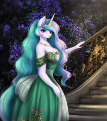 Size: 1085x1230 | Tagged: safe, artist:mdwines, imported from derpibooru, princess celestia, alicorn, anthro, bare shoulders, breasts, busty princess celestia, cleavage, clothes, crown, dress, fantasy, female, garden, jewelry, looking at you, mare, medieval, necklace, queen celestia, regalia, solo, stairs, strapless