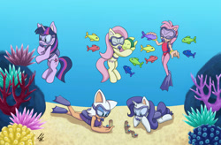 Size: 1105x723 | Tagged: safe, artist:mysteryshadow29, imported from derpibooru, fluttershy, rarity, twilight sparkle, bat, fish, hedgehog, pegasus, unicorn, amy rose, breasts, clam, clothes, dive mask, eyes closed, goggles, one-piece swimsuit, pearl, rouge the bat, scuba gear, sonic the hedgehog (series), swimsuit, underwater, water