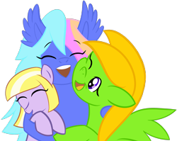 Size: 2457x1954 | Tagged: safe, artist:mraagh, imported from derpibooru, oc, oc only, oc:candy meow, oc:karina june, oc:maze, bat pony, earth pony, pegasus, pony, bat pony oc, eyes closed, female, filly, foal, happy, hug, mare, one eye closed, simple background, transparent background, wink