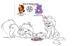 Size: 1421x899 | Tagged: safe, artist:higgly-chan, imported from derpibooru, oc, oc only, oc:apple bloom, oc:echo shade, earth pony, pony, unicorn, fanfic:song of seven, clothes, colored fetlocks, doodle, duo, earth pony oc, female, glowing, glowing horn, hooves, horn, joke, leaning forward, magic, magic circle, mare, open mouth, pencil, pentagram, raised hoof, satchel, scarf, simple background, sleepover, smiling, striped mane, summoning, summoning circle, unicorn oc, unshorn fetlocks