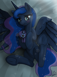 Size: 3000x4000 | Tagged: safe, artist:flaremoon, imported from derpibooru, princess luna, alicorn, pony, blushing, featureless crotch, female, frog (hoof), hooves, hug, lying down, mare, on back, plushie, spread wings, teddy bear, underhoof, wings