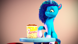 Size: 3840x2160 | Tagged: safe, artist:psfmer, imported from derpibooru, pony, unicorn, 3d, cornrows, female, food, freckles, g5, gradient background, high res, mare, misty brightdawn, popcorn, raised hoof, solo, source filmmaker, table, that pony sure does love popcorn, unshorn fetlocks