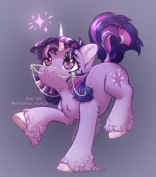 Size: 1500x1700 | Tagged: safe, artist:avroras_world, imported from derpibooru, twilight sparkle, pony, unicorn, chest fluff, cute, eyes open, female, glasses, looking up, magic, mare, solo, standing, standing on one leg, twiabetes, unicorn twilight, unshorn fetlocks