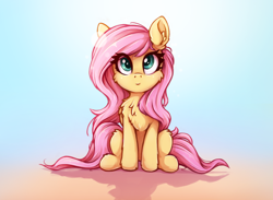 Size: 934x685 | Tagged: safe, artist:zeepheru_pone, imported from derpibooru, fluttershy, pegasus, pony, cheek fluff, chest fluff, cute, ear fluff, female, fluffy, full face view, gradient background, hoof fluff, looking at you, mare, shyabetes, sitting, smiling, solo, tail