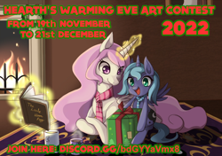 Size: 1400x986 | Tagged: safe, artist:grasspainter, imported from derpibooru, princess celestia, princess luna, alicorn, pony, bag, book, box, chocolate, christmas, clothes, contest, cup, cute, discord (program), drink, female, filly, fire, fireplace, foal, food, happy, hearth's warming eve, holiday, hot chocolate, levitation, lying down, magic, mug, open mouth, pink-mane celestia, pointy ponies, present, prone, royal sisters, rug, scarf, siblings, sisters, smiling, telekinesis, woona, wreath, younger