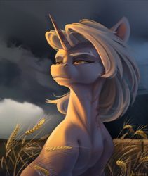 Size: 2700x3200 | Tagged: safe, artist:mithriss, imported from derpibooru, oc, oc only, pony, unicorn, female, field, food, lighting, mare, scar, shading, sitting, slim, solo, thunderstorm, wheat, wind