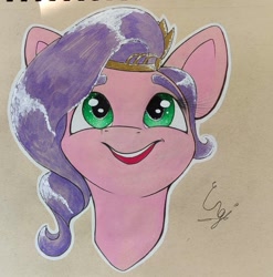 Size: 1566x1584 | Tagged: safe, artist:engi, imported from derpibooru, pipp petals, pegasus, pony, crown, eyebrows, female, g5, jewelry, my little pony: a new generation, open mouth, outline, regalia, simple background, smiling, solo, teeth, traditional art, watercolor painting, white outline