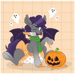 Size: 1200x1187 | Tagged: safe, artist:jupiters, imported from derpibooru, oc, oc:sharp point, bat pony, pony, diaper, diaper fetish, fetish, halloween, holiday, jack-o-lantern, knife, non-baby in diaper, poofy diaper, pumpkin, solo