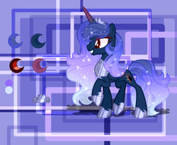 Size: 1280x1049 | Tagged: safe, artist:selenavivacity, imported from derpibooru, oc, oc only, oc:crescent moon, alicorn, abstract background, alicorn oc, colored horn, colored pupils, crown, ethereal mane, female, hoof shoes, horn, jewelry, magical lesbian spawn, magical threesome spawn, mare, mascara, offspring, parent:princess luna, parent:tempest shadow, parent:trixie, peytral, reference sheet, regalia, solo, wings