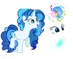 Size: 1280x1040 | Tagged: safe, artist:selenavivacity, imported from derpibooru, oc, oc only, oc:summer bluberry balloon, unicorn, confetti, cutie mark, female, horn, magic, magic aura, mare, offspring, parent:party favor, parent:pinkie pie, parents:partypie, ponytail, reference sheet, simple background, solo, transparent background, unicorn oc