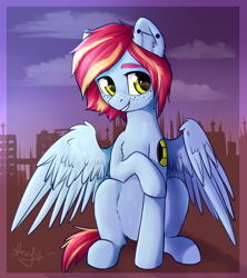 Size: 1288x1451 | Tagged: safe, artist:kaylemi, imported from derpibooru, oc, oc only, pegasus, pony, city, female, pegasus oc, solo