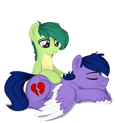 Size: 1294x1386 | Tagged: safe, artist:kaylemi, imported from derpibooru, oc, oc:kaylemi, earth pony, pegasus, pony, earth pony oc, eyes closed, female, lying down, male, massage, pegasus oc, prone, simple background, transparent background